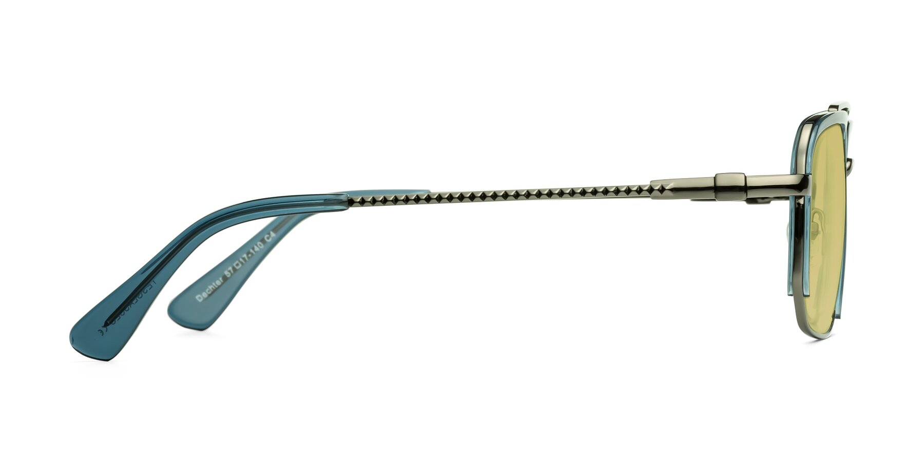 Side of Dechter in Teal-Gunmetal with Medium Champagne Tinted Lenses