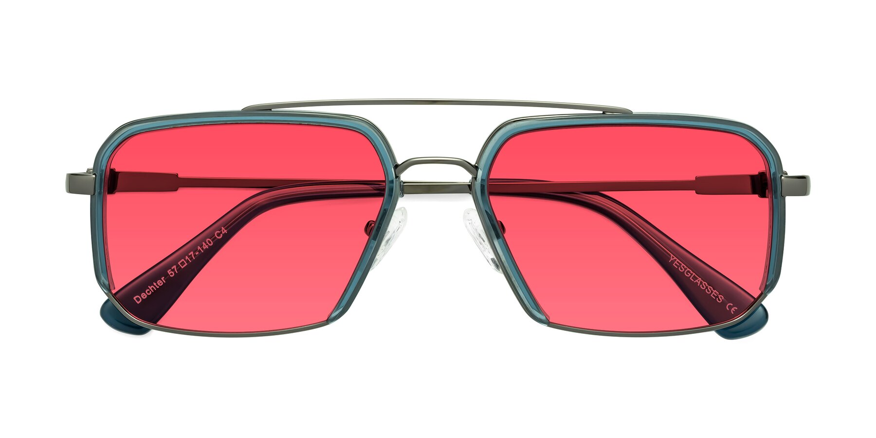 Folded Front of Dechter in Teal-Gunmetal with Red Tinted Lenses
