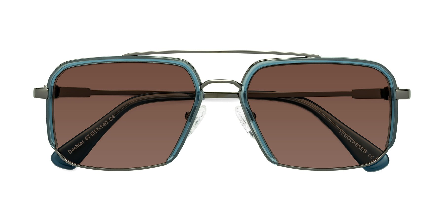 Folded Front of Dechter in Teal-Gunmetal with Brown Tinted Lenses