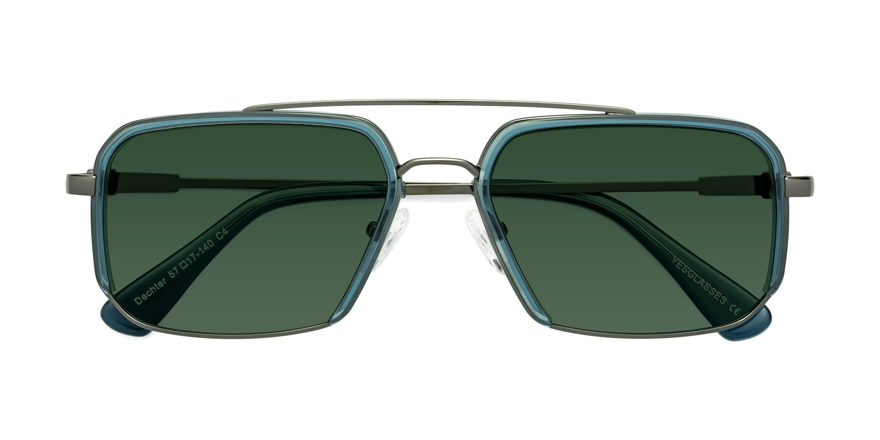 Folded Front of Dechter in Teal-Gunmetal with Green Tinted Lenses