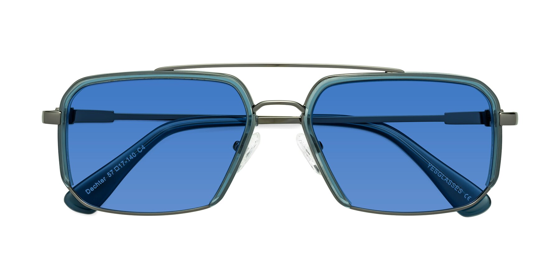 Folded Front of Dechter in Teal-Gunmetal with Blue Tinted Lenses