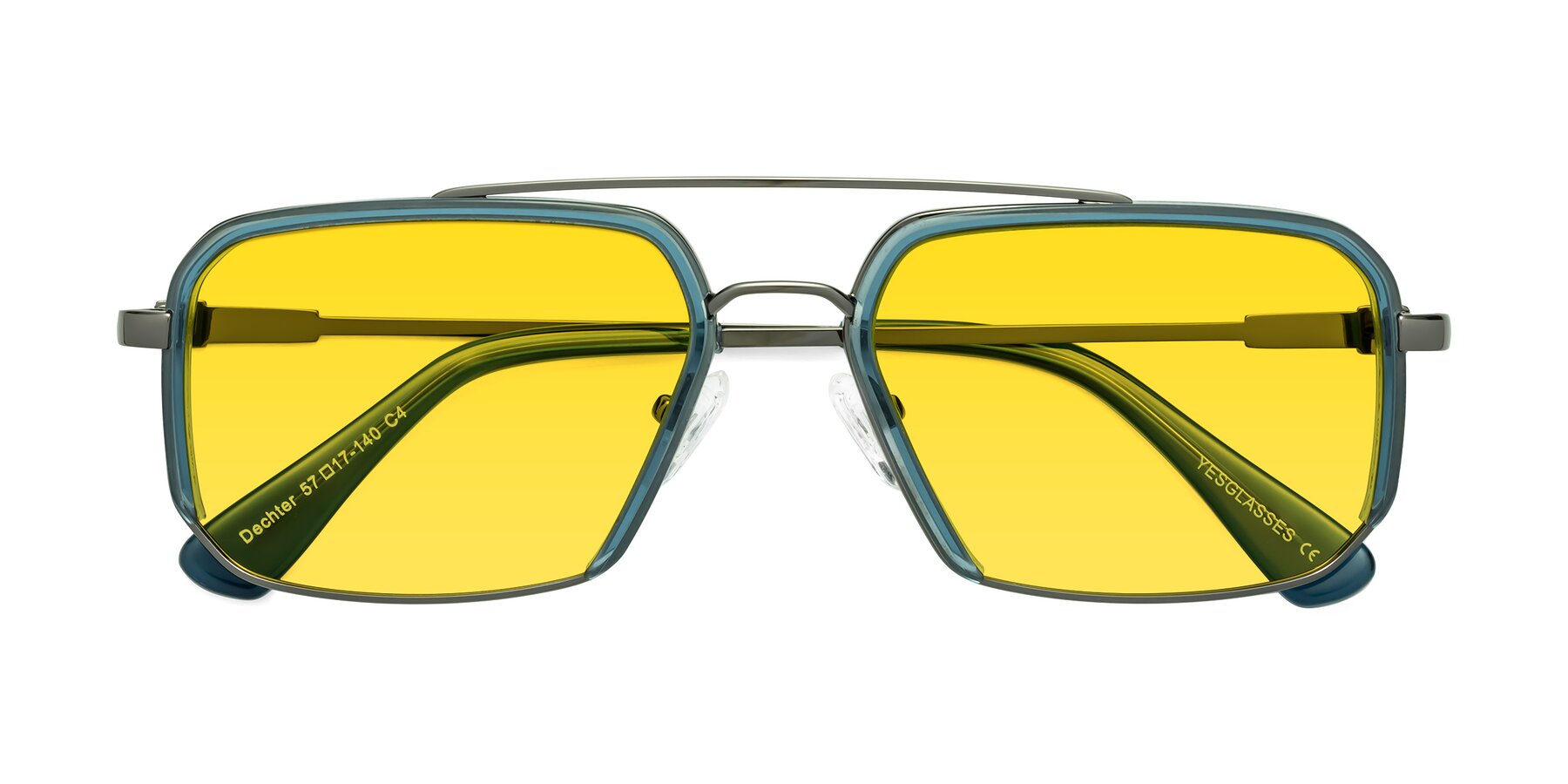 Folded Front of Dechter in Teal-Gunmetal with Yellow Tinted Lenses