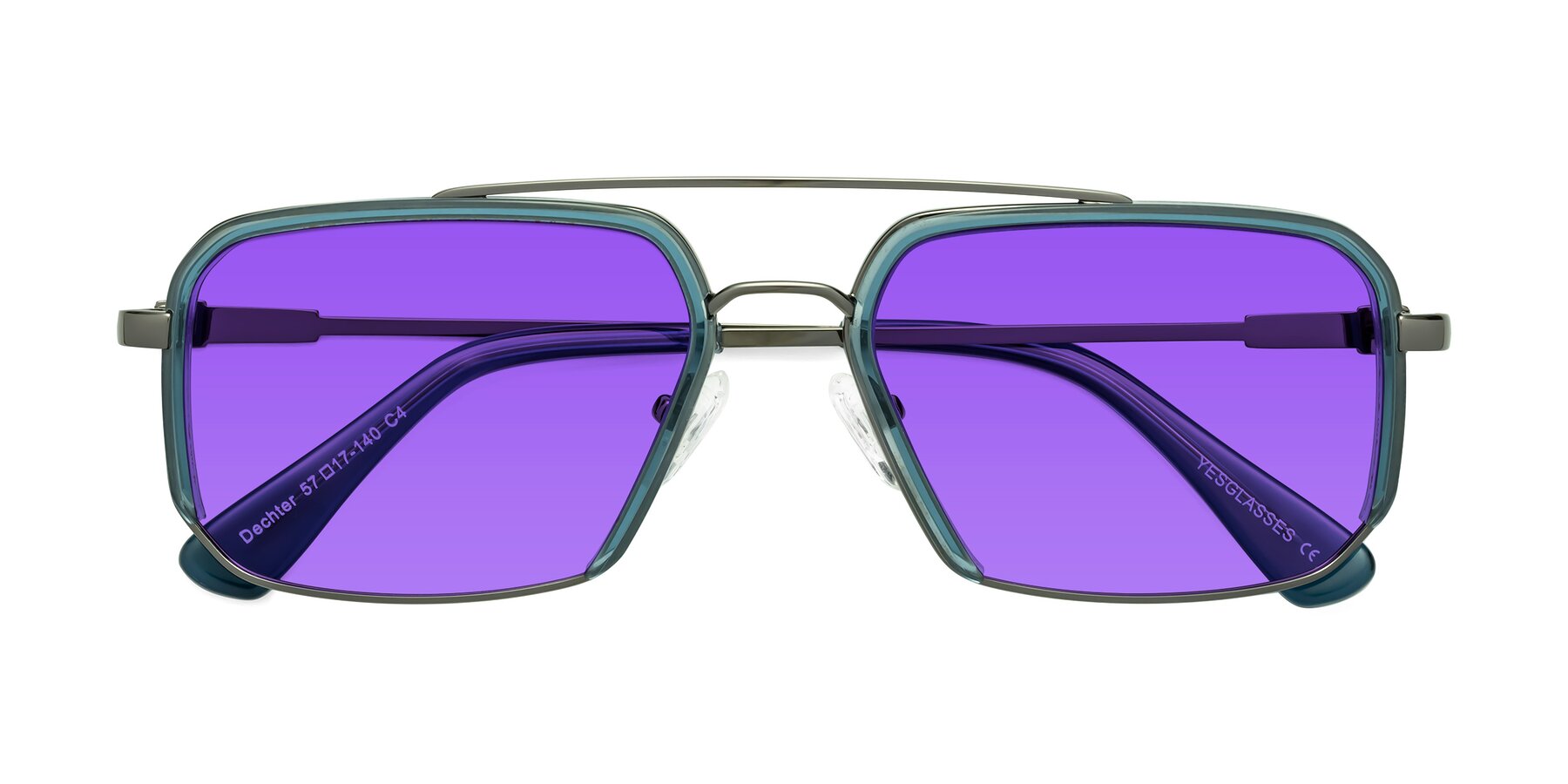 Folded Front of Dechter in Teal-Gunmetal with Purple Tinted Lenses