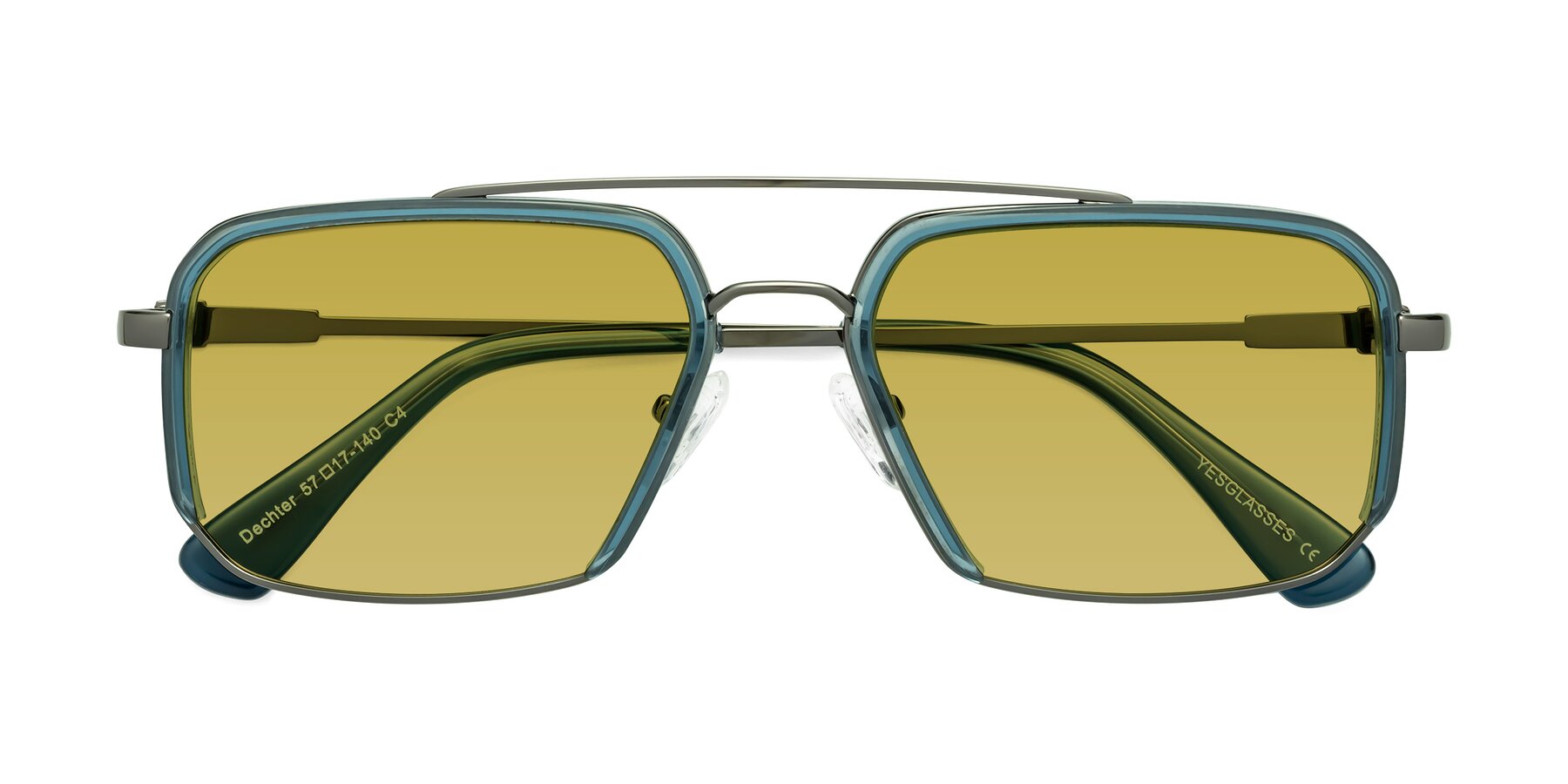Folded Front of Dechter in Teal-Gunmetal with Champagne Tinted Lenses