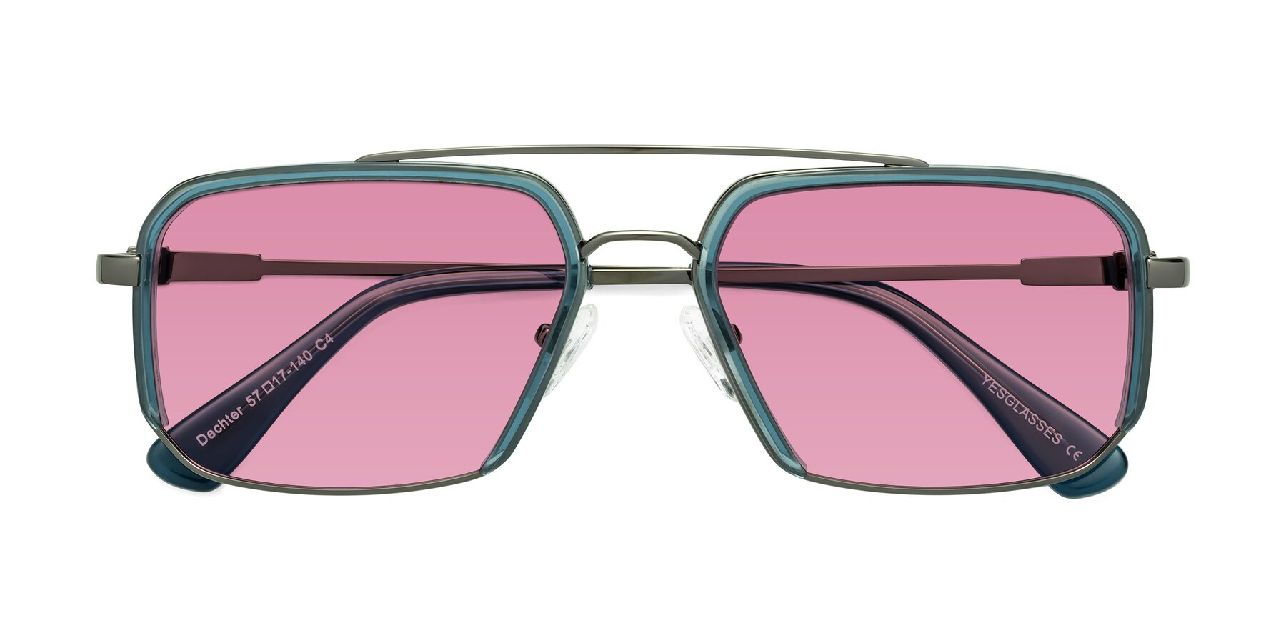 Folded Front of Dechter in Teal-Gunmetal with Medium Wine Tinted Lenses