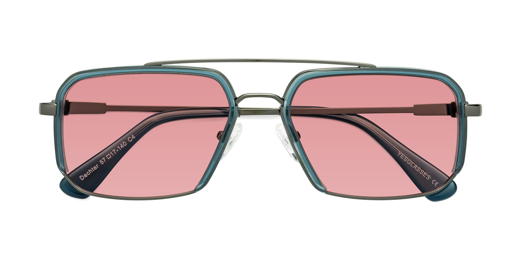 Folded Front of Dechter in Teal-Gunmetal with Medium Garnet Tinted Lenses