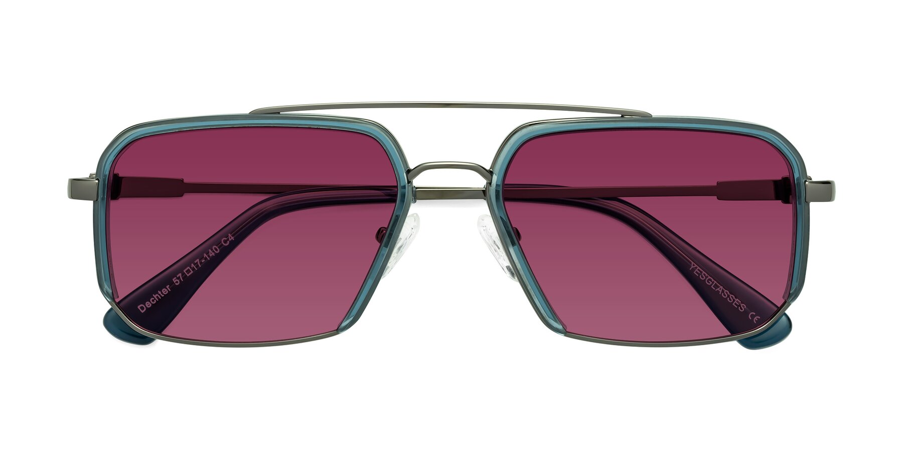 Folded Front of Dechter in Teal-Gunmetal with Wine Tinted Lenses