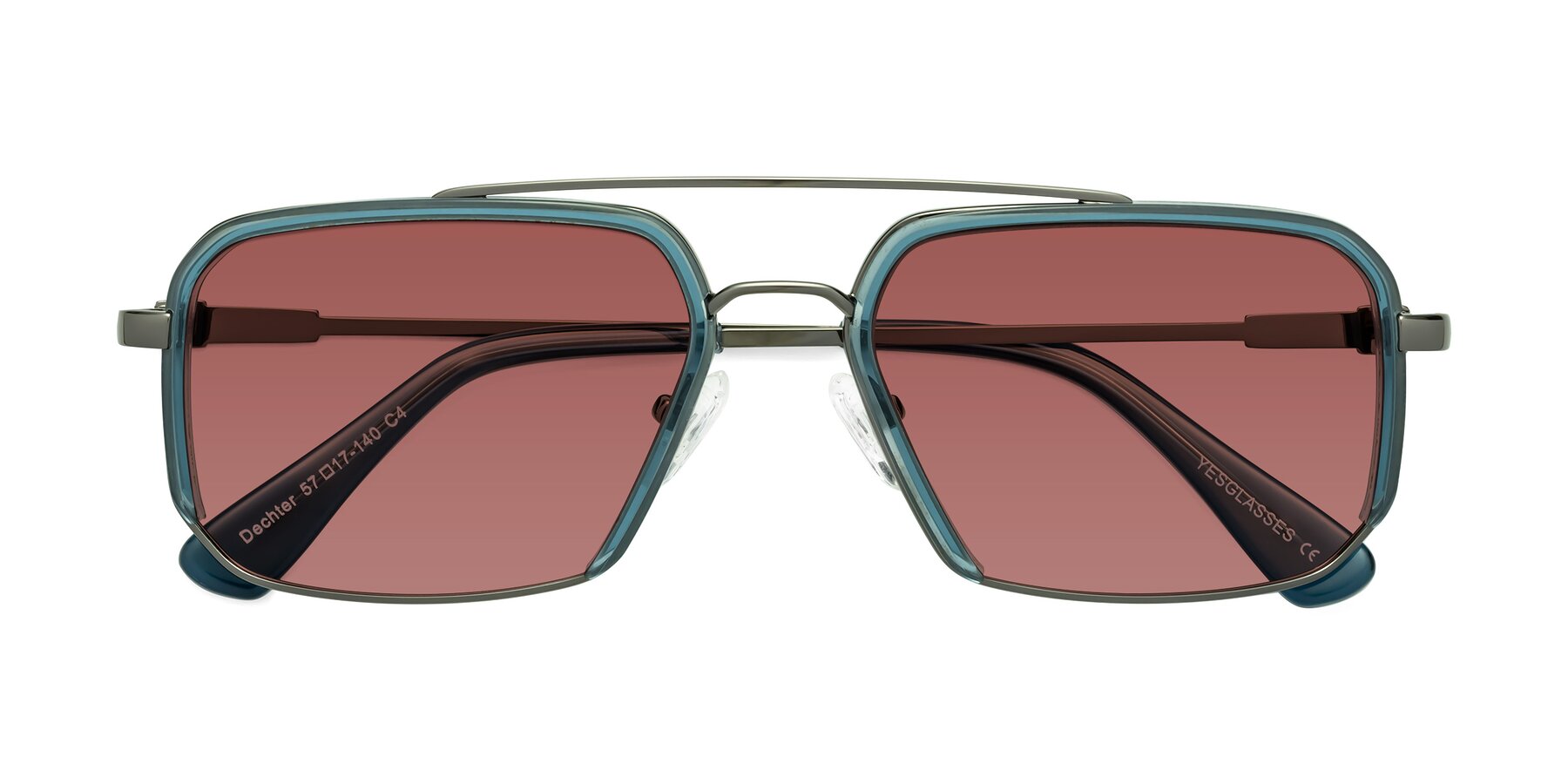 Folded Front of Dechter in Teal-Gunmetal with Garnet Tinted Lenses