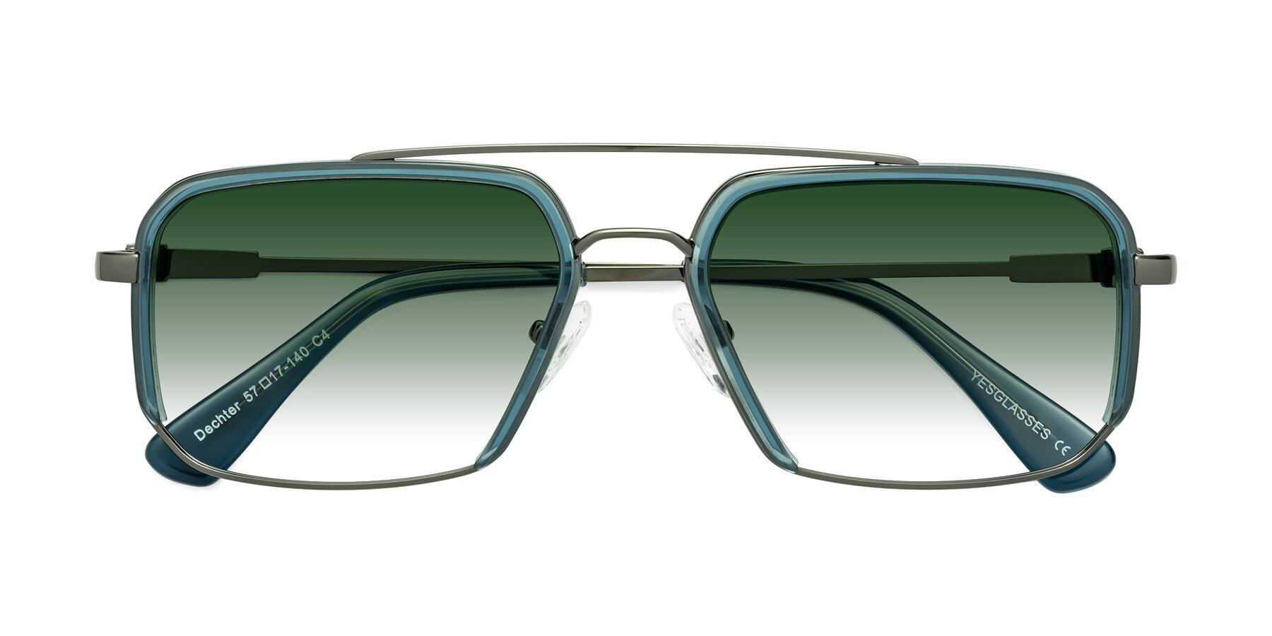 Folded Front of Dechter in Teal-Gunmetal with Green Gradient Lenses