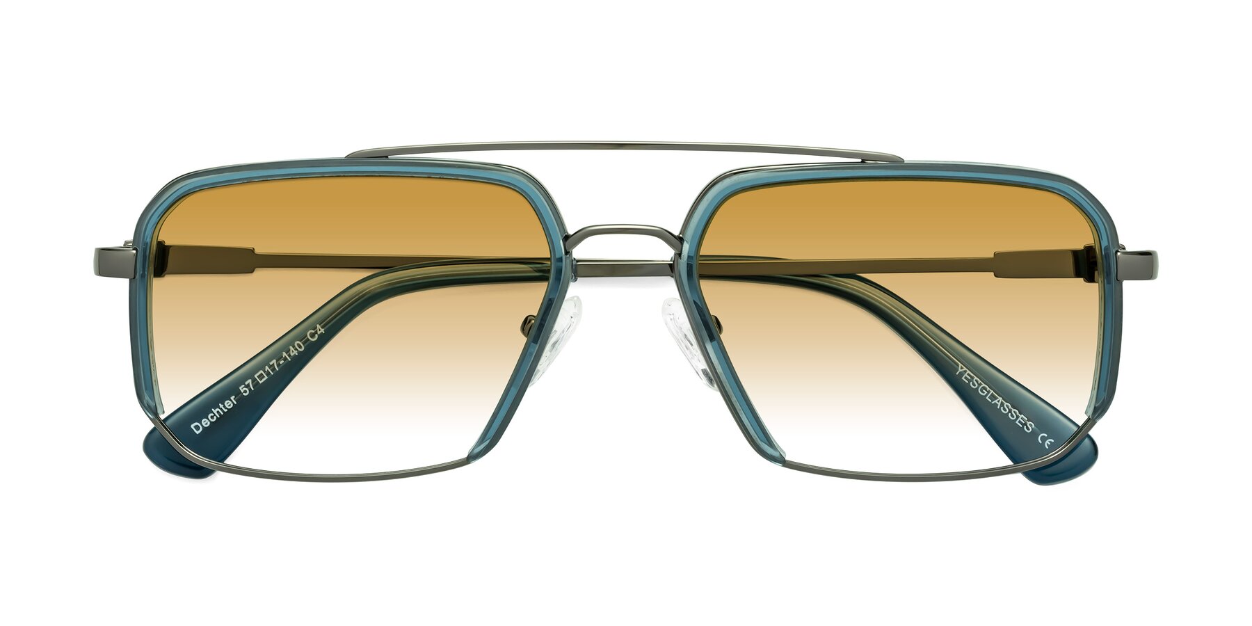 Folded Front of Dechter in Teal-Gunmetal with Champagne Gradient Lenses