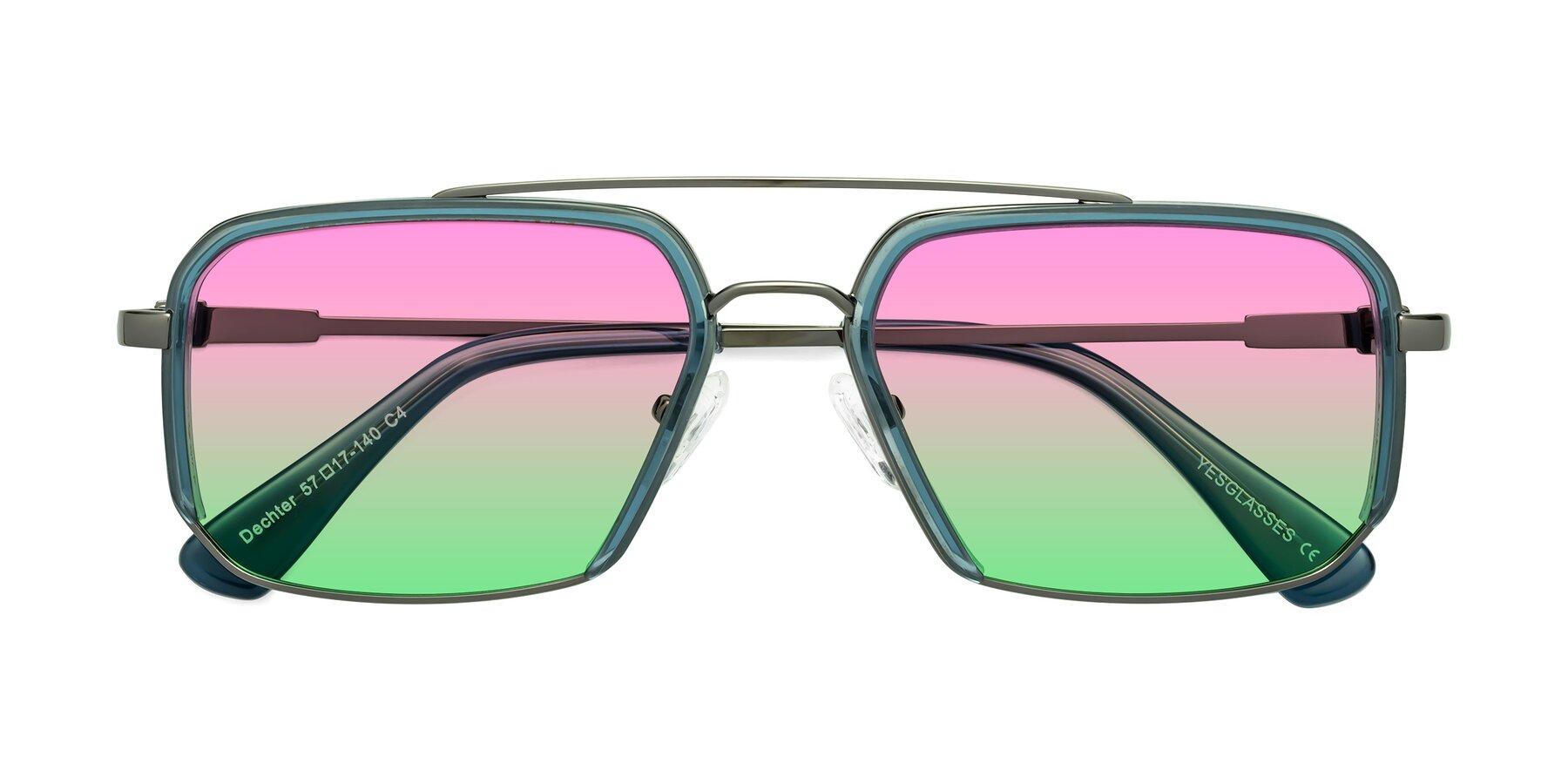 Folded Front of Dechter in Teal-Gunmetal with Pink / Green Gradient Lenses