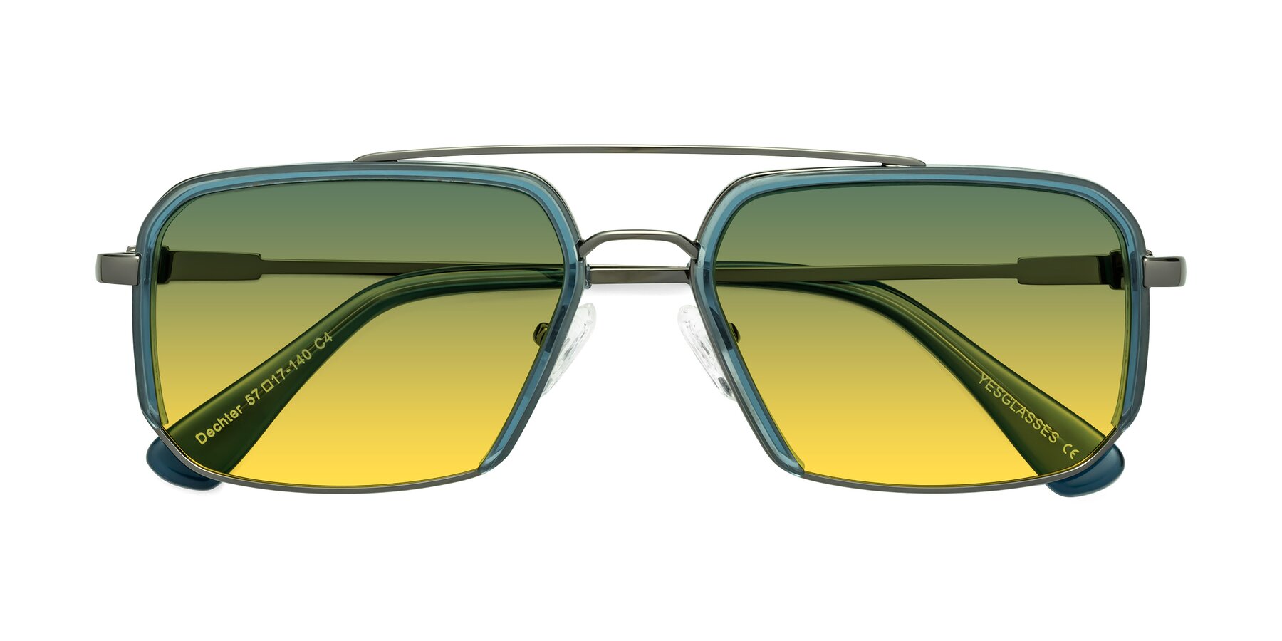 Folded Front of Dechter in Teal-Gunmetal with Green / Yellow Gradient Lenses