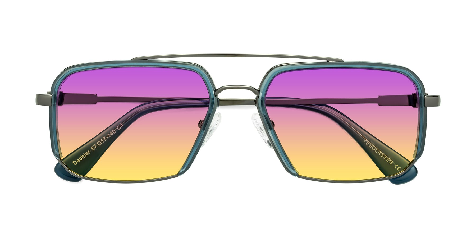 Folded Front of Dechter in Teal-Gunmetal with Purple / Yellow Gradient Lenses