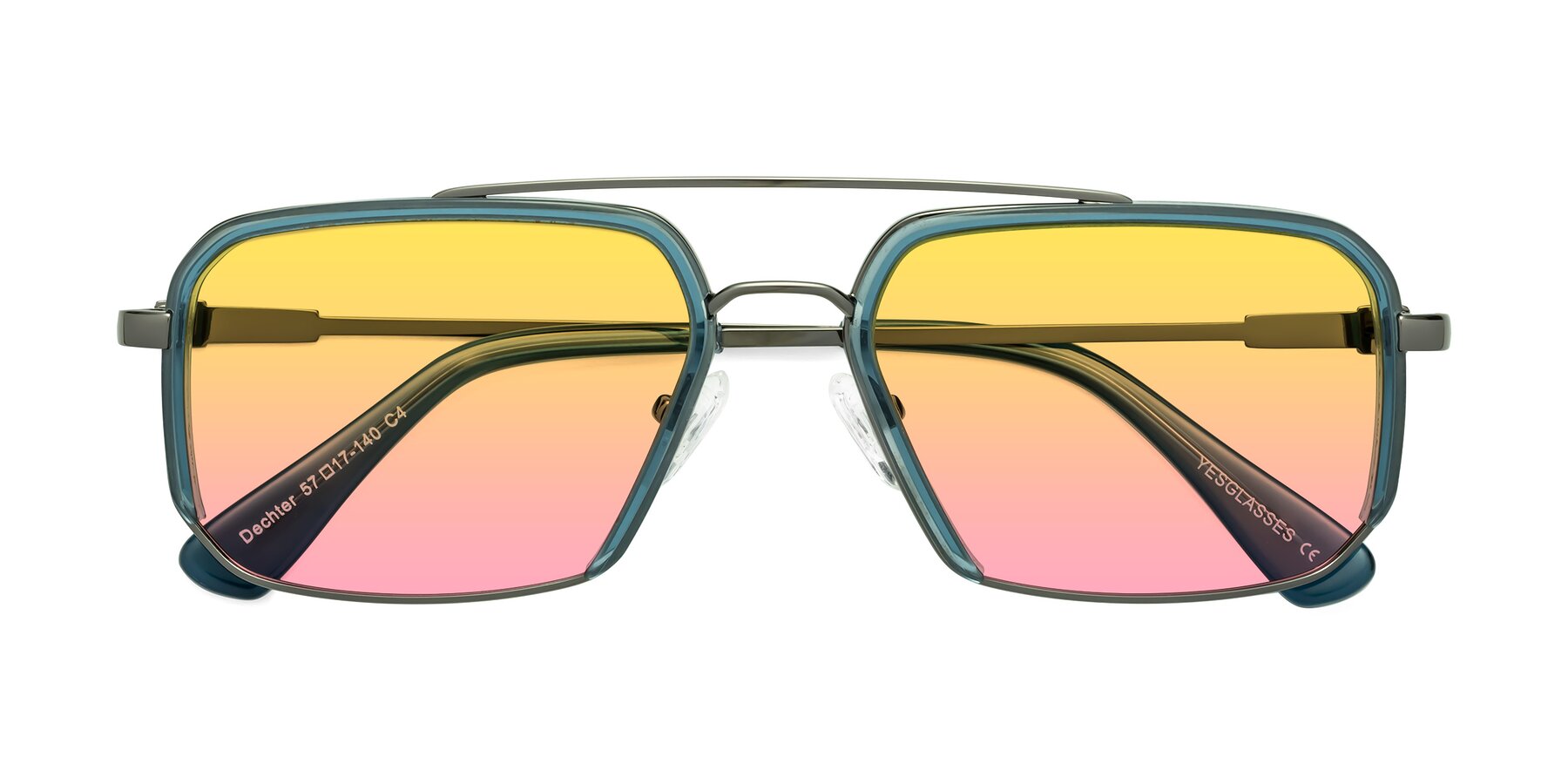Folded Front of Dechter in Teal-Gunmetal with Yellow / Pink Gradient Lenses