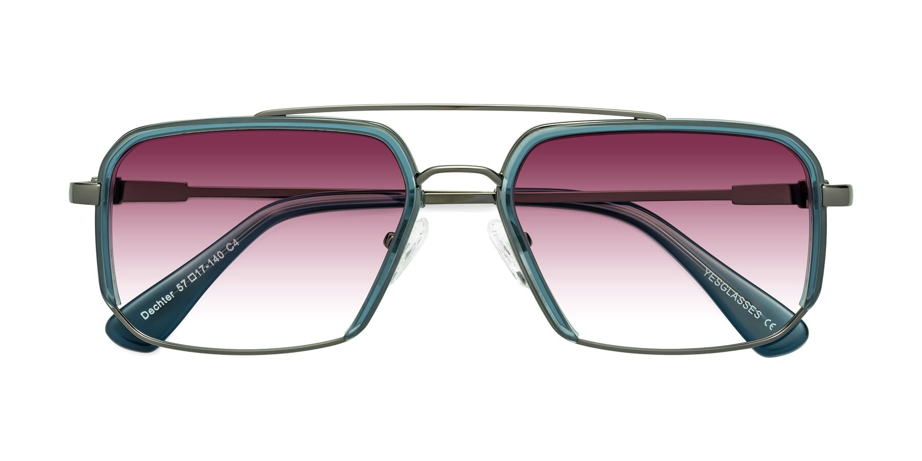 Folded Front of Dechter in Teal-Gunmetal with Wine Gradient Lenses