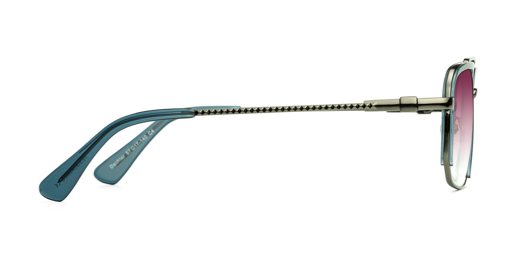 Side of Dechter in Teal-Gunmetal with Wine Gradient Lenses