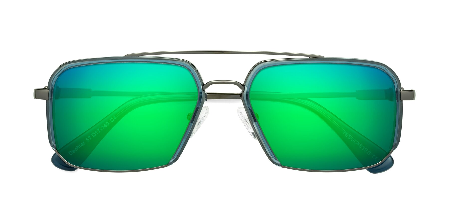 Folded Front of Dechter in Teal-Gunmetal with Green Mirrored Lenses