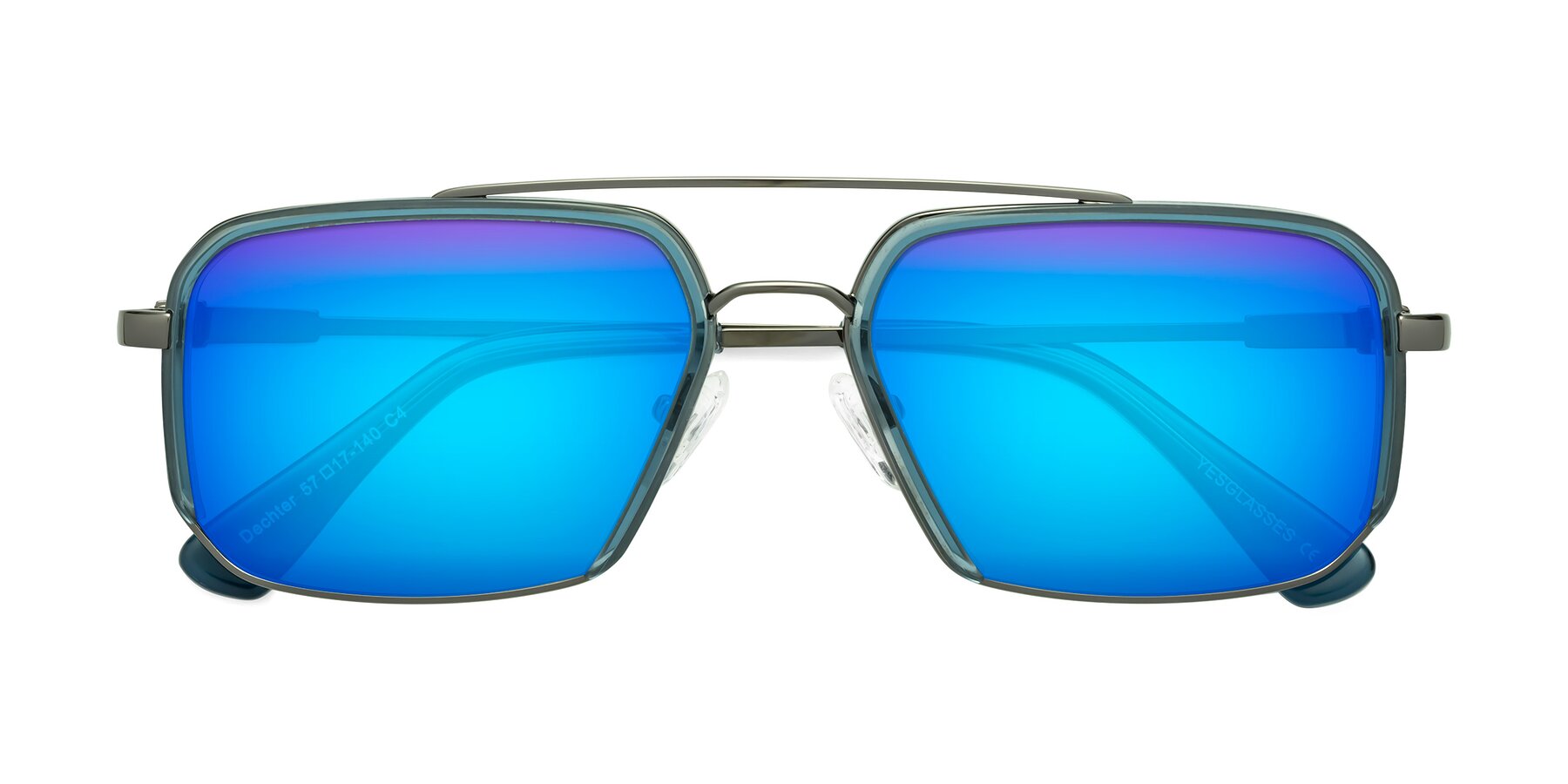 Folded Front of Dechter in Teal-Gunmetal with Blue Mirrored Lenses
