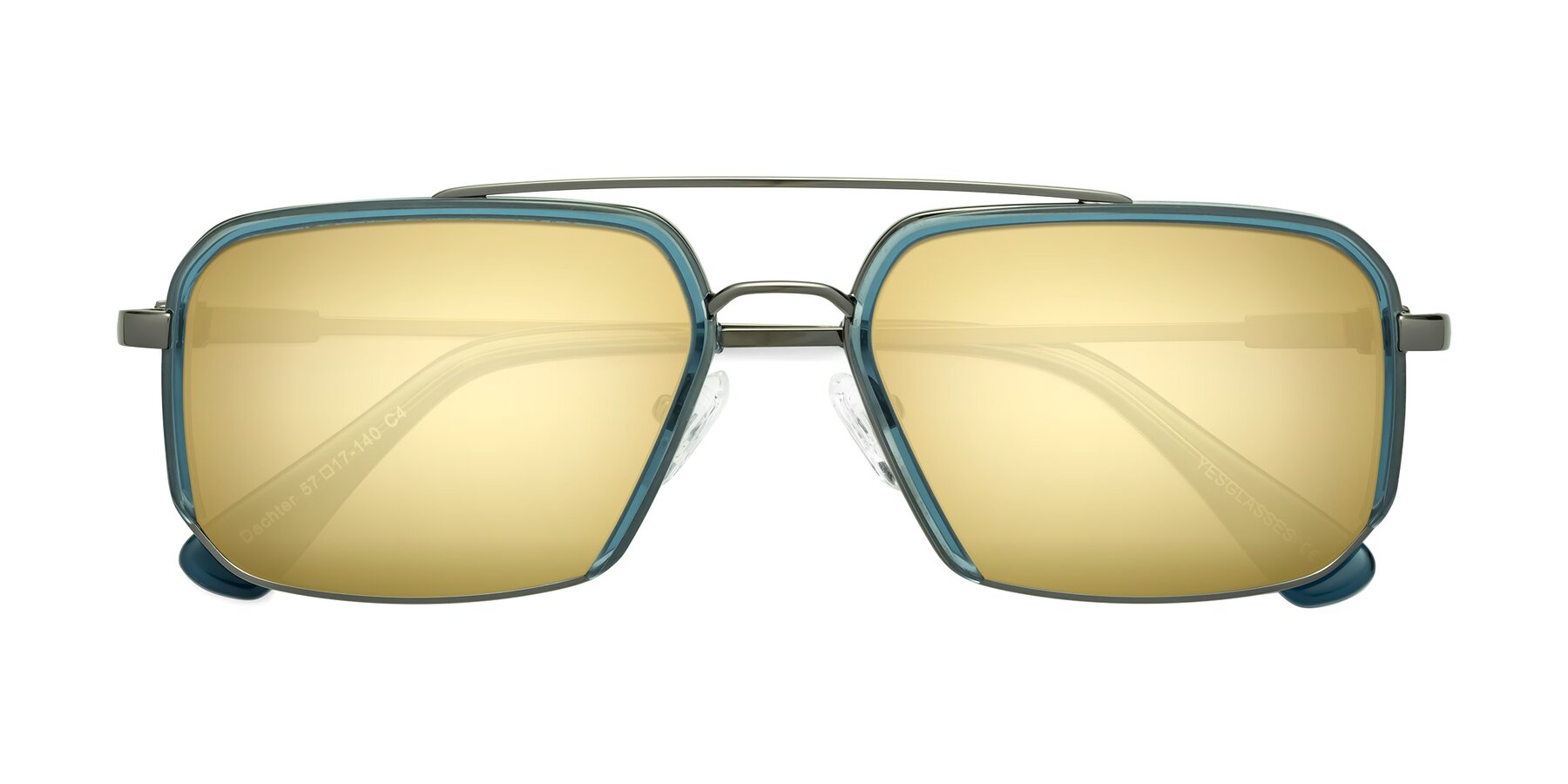 Folded Front of Dechter in Teal-Gunmetal with Gold Mirrored Lenses