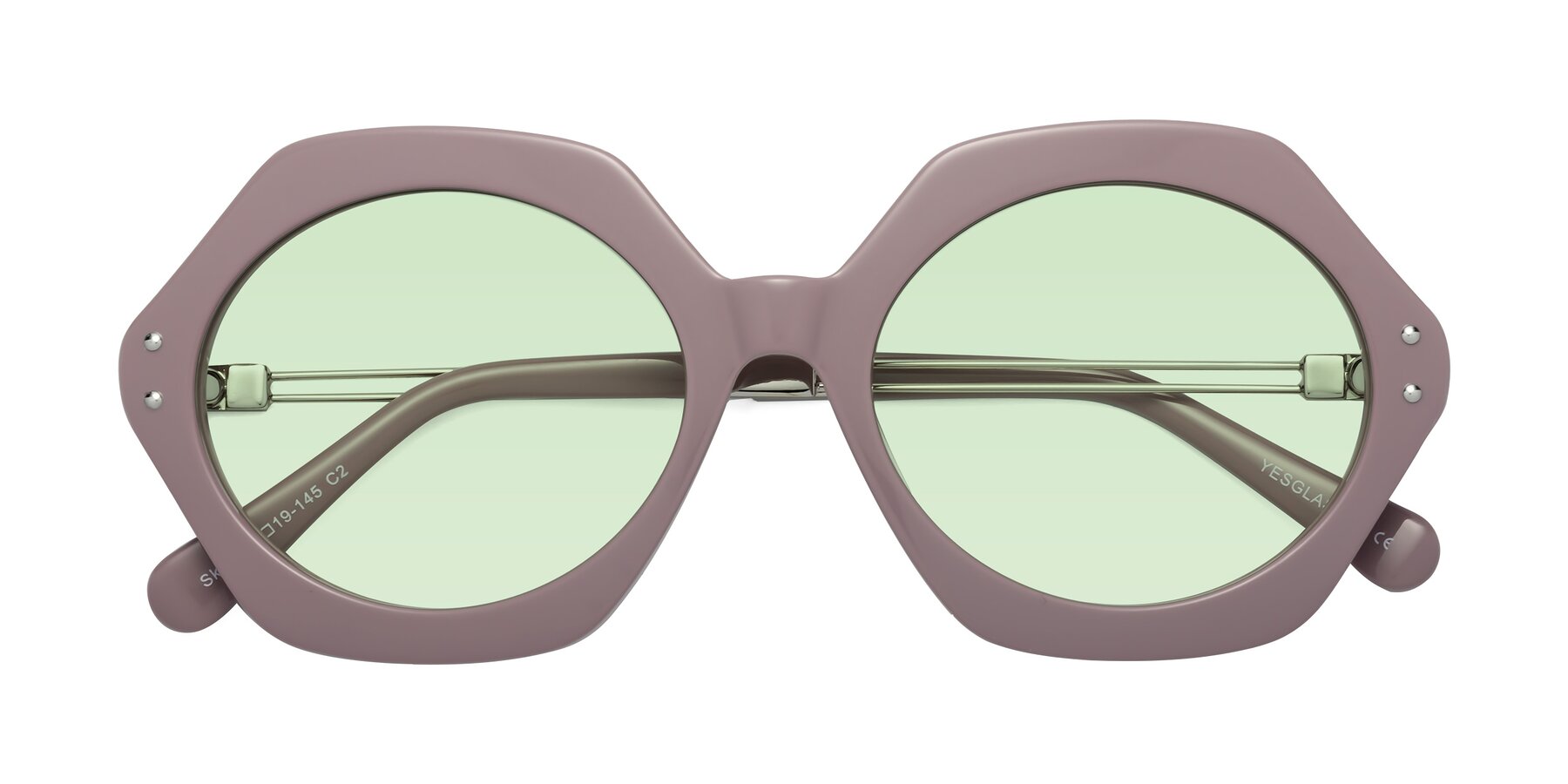 Folded Front of Skye in Opera Mauve with Light Green Tinted Lenses