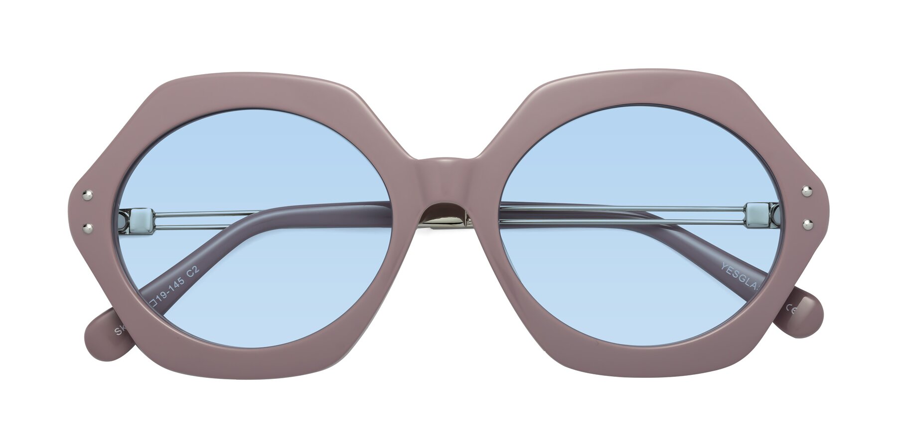 Folded Front of Skye in Opera Mauve with Light Blue Tinted Lenses