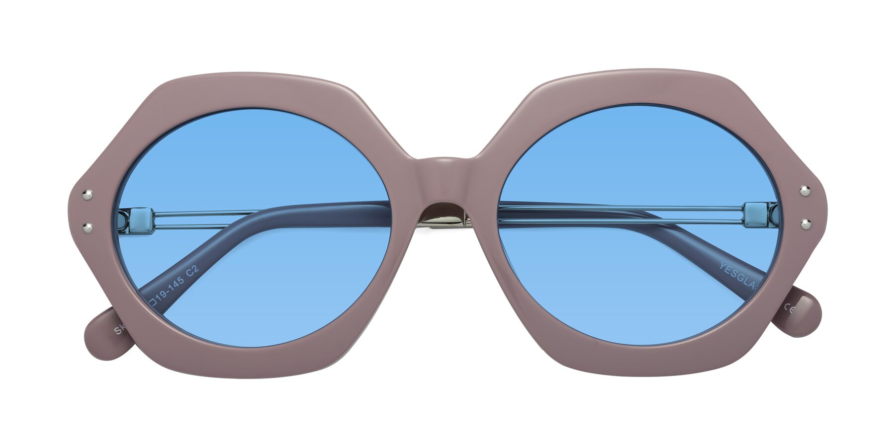 Folded Front of Skye in Opera Mauve with Medium Blue Tinted Lenses