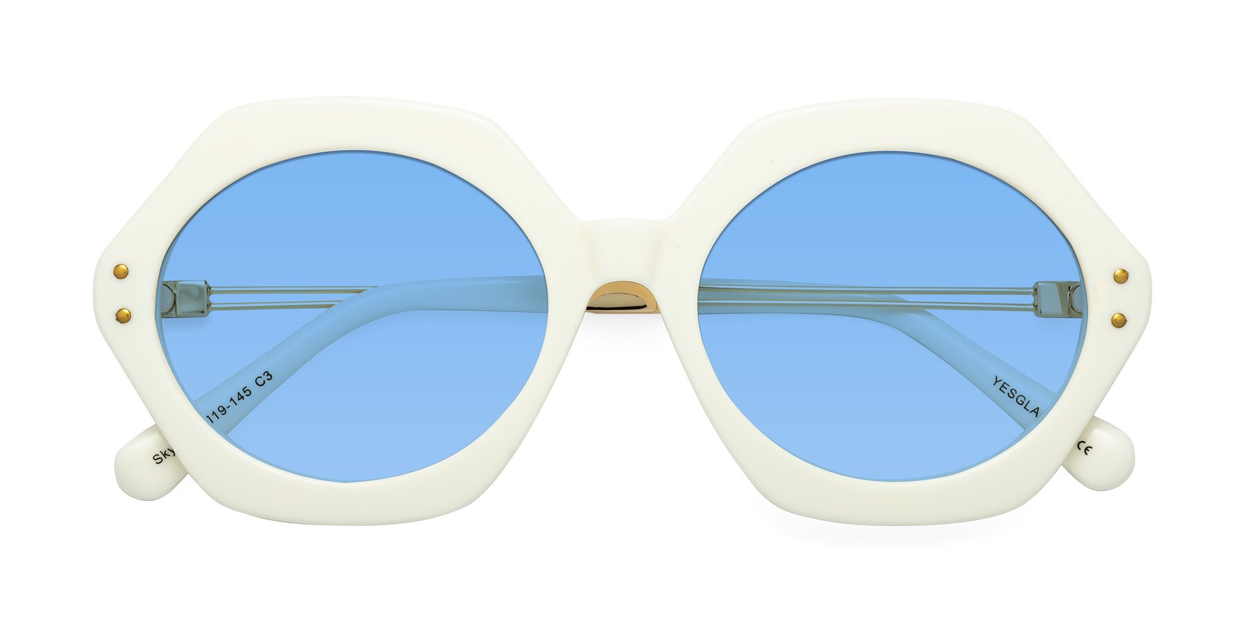 Folded Front of Skye in Ivory with Medium Blue Tinted Lenses