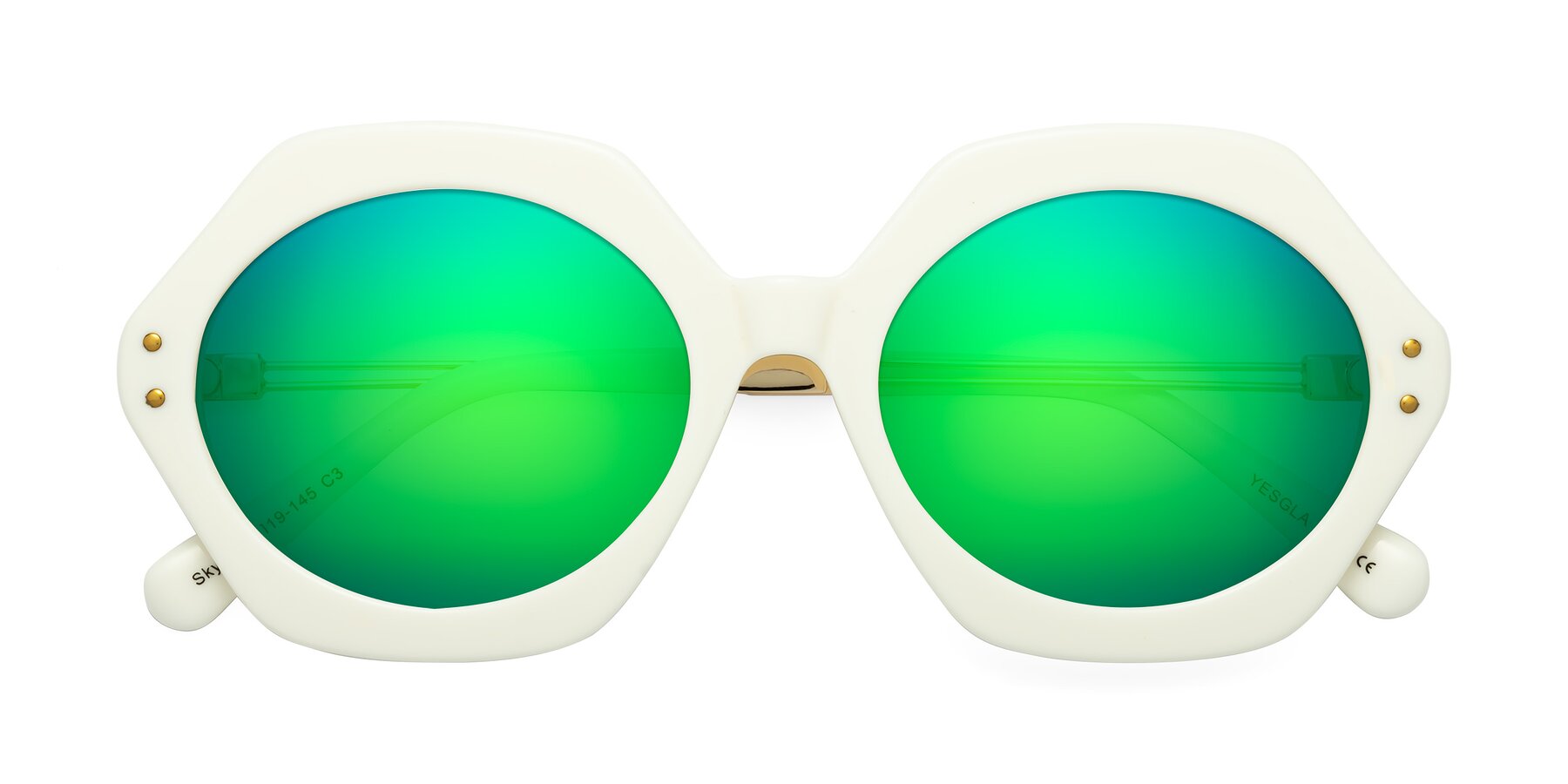 Folded Front of Skye in Ivory with Green Mirrored Lenses