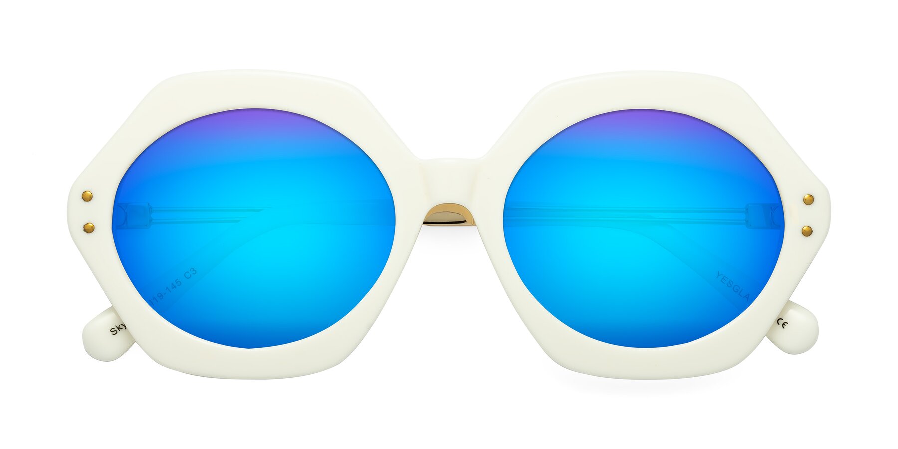 Folded Front of Skye in Ivory with Blue Mirrored Lenses