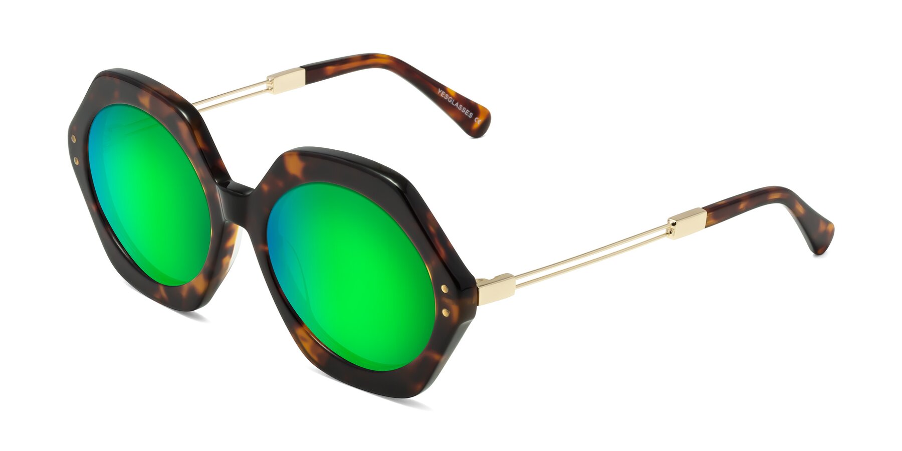 Angle of Skye in Tortoise with Green Mirrored Lenses