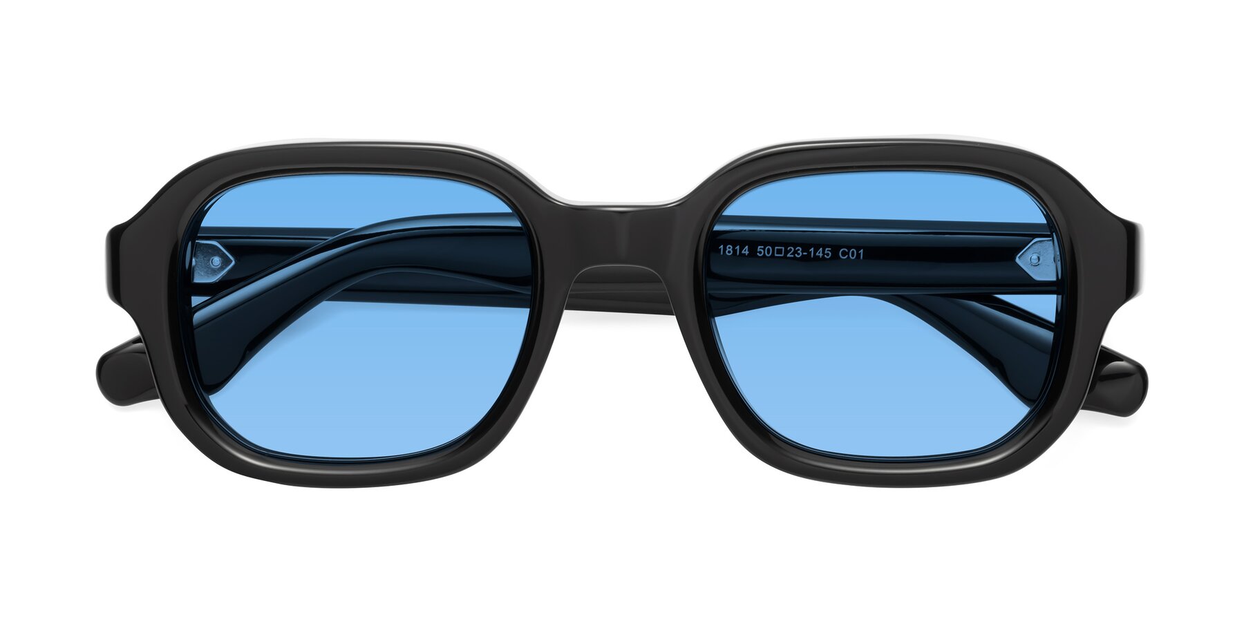 Black-Clear Hipster Acetate Square Tinted Sunglasses with Medium Blue Sunwear Lenses