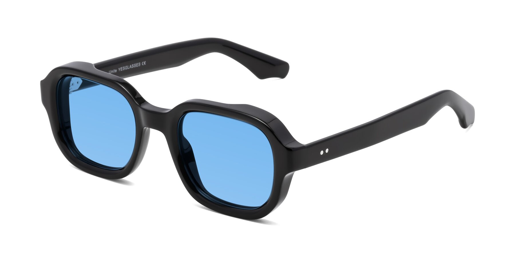 Angle of Unite in Black with Medium Blue Tinted Lenses