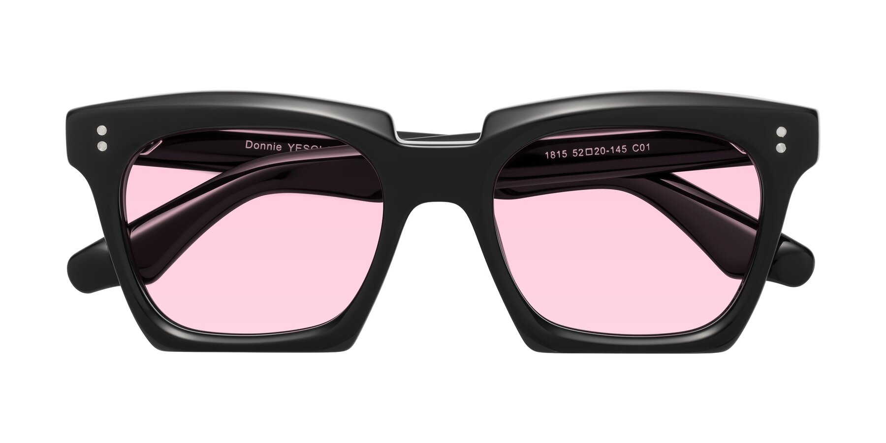 Folded Front of Donnie in Black with Light Pink Tinted Lenses
