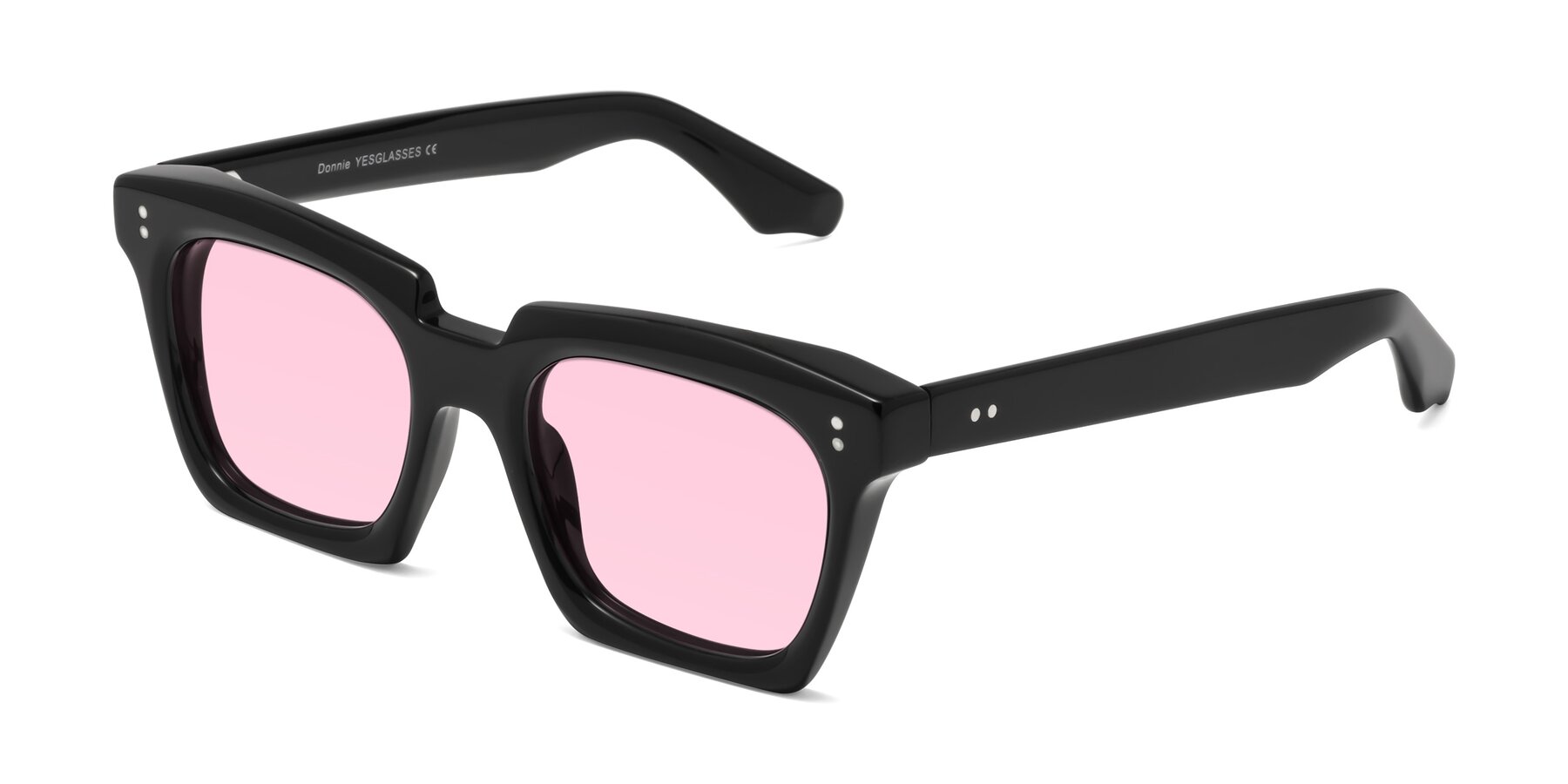 Angle of Donnie in Black with Light Pink Tinted Lenses