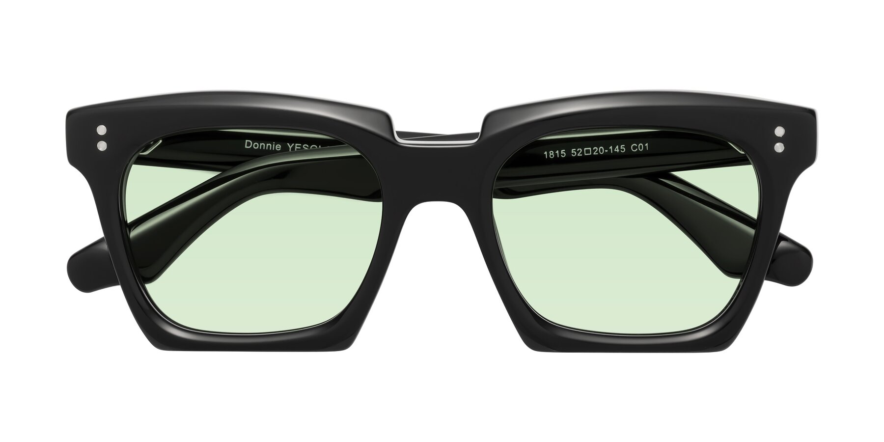 Folded Front of Donnie in Black with Light Green Tinted Lenses