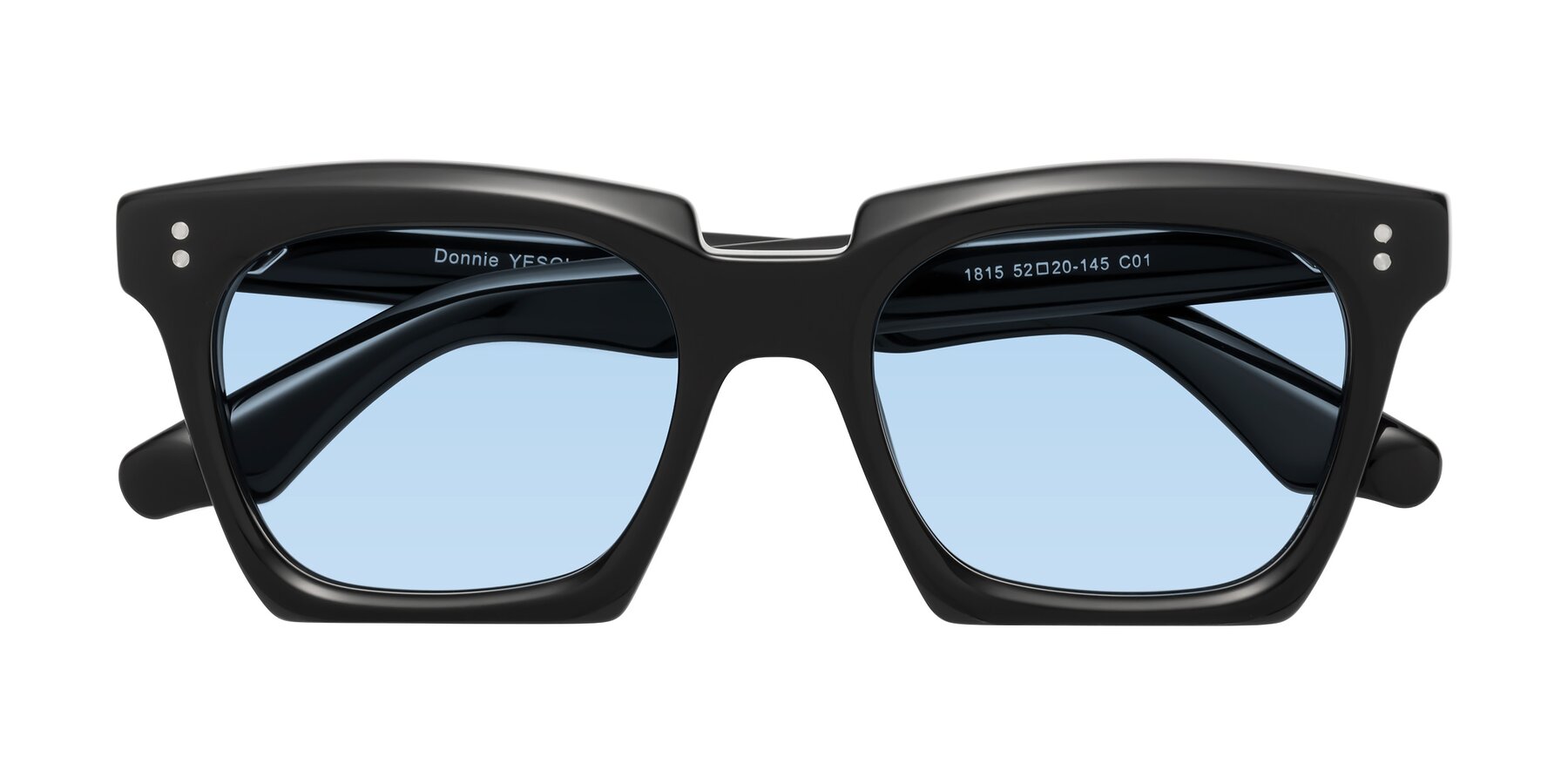 Folded Front of Donnie in Black with Light Blue Tinted Lenses