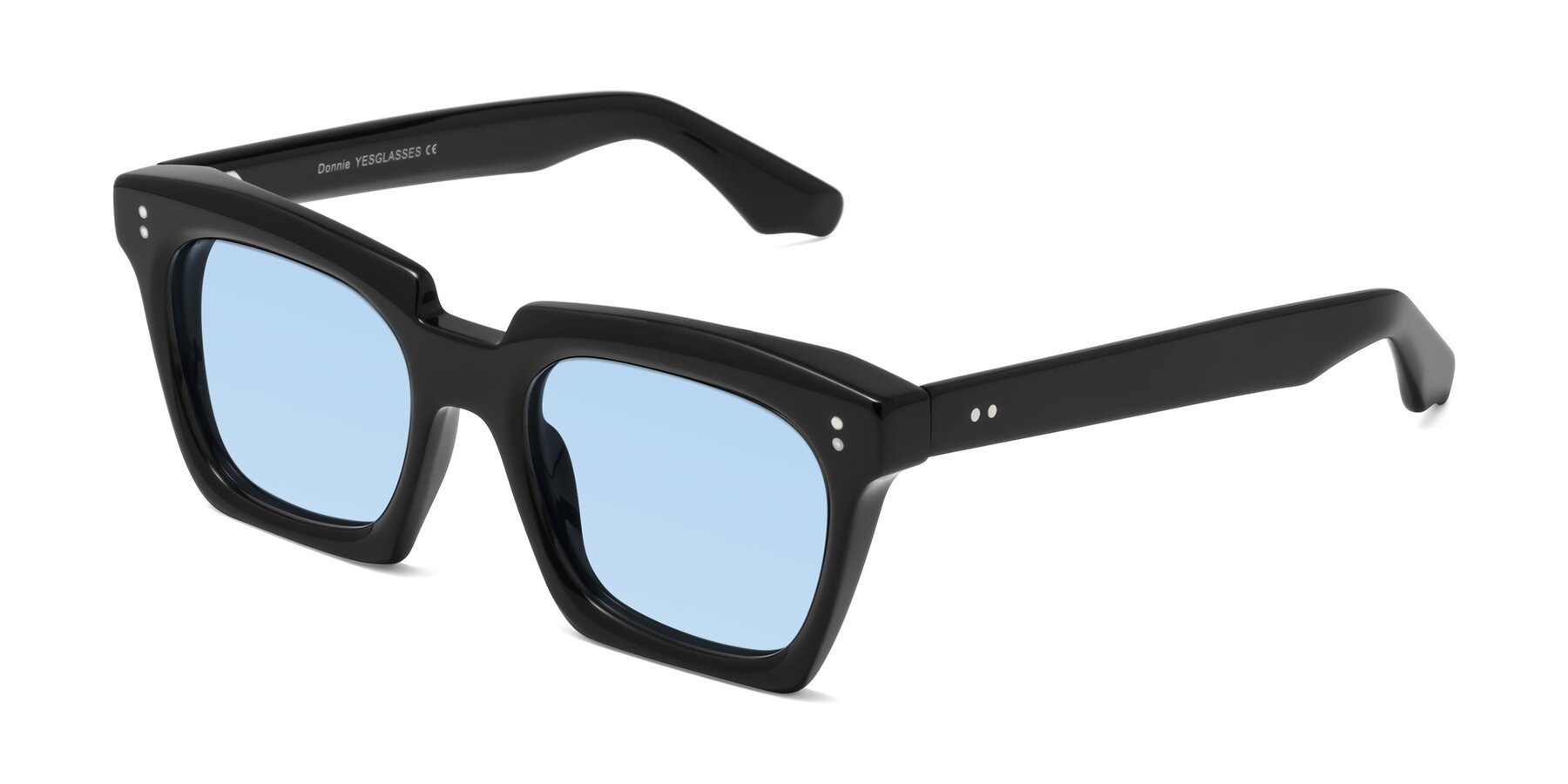 Angle of Donnie in Black with Light Blue Tinted Lenses