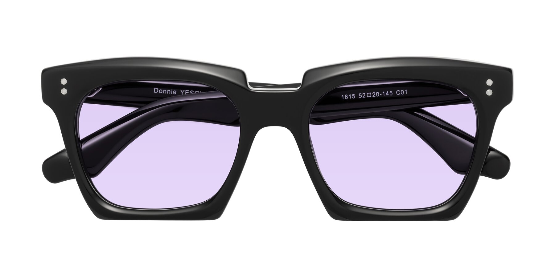 Folded Front of Donnie in Black with Light Purple Tinted Lenses