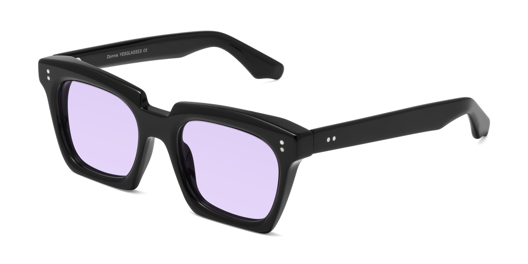 Angle of Donnie in Black with Light Purple Tinted Lenses