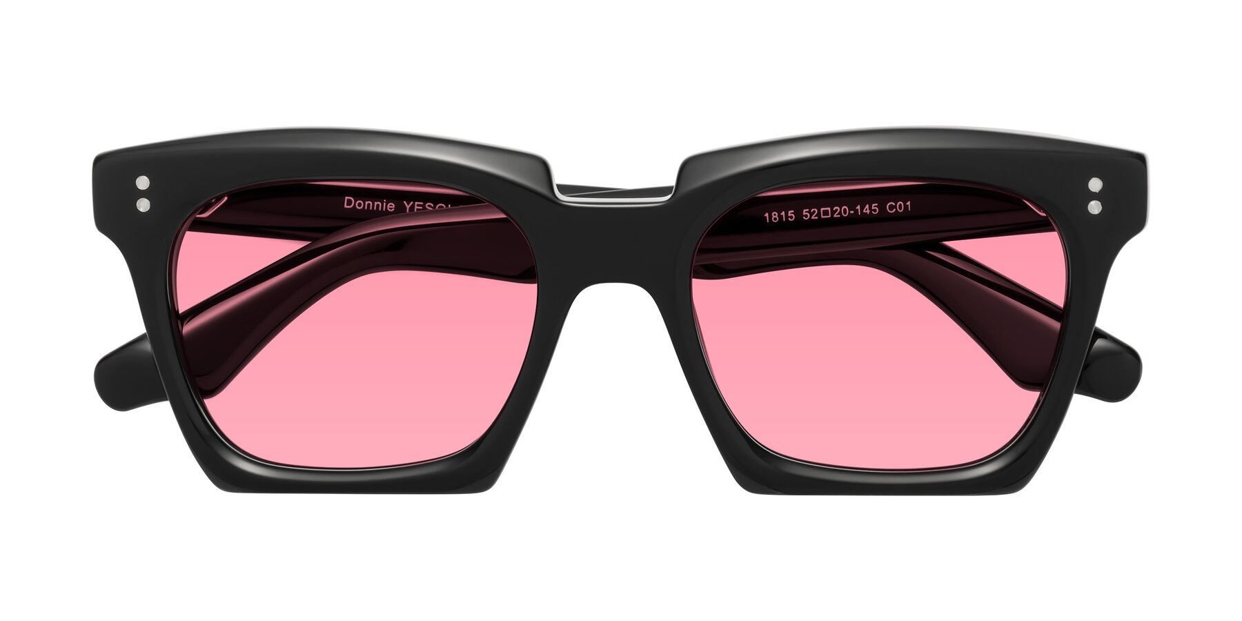 Folded Front of Donnie in Black with Pink Tinted Lenses