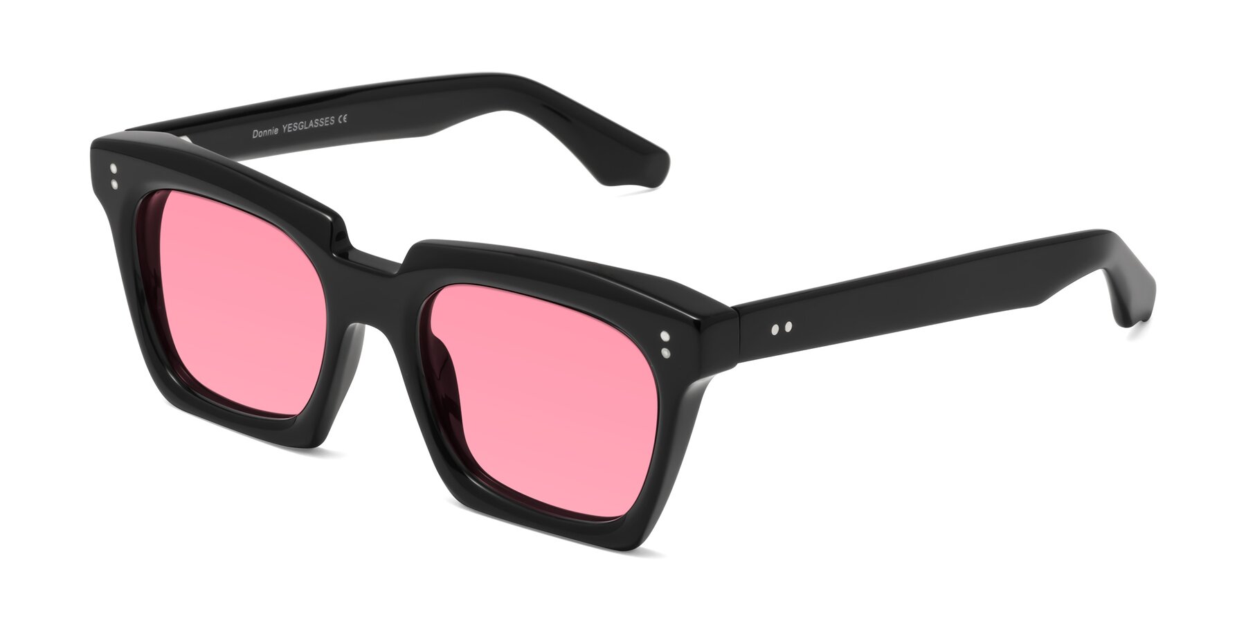 Angle of Donnie in Black with Pink Tinted Lenses
