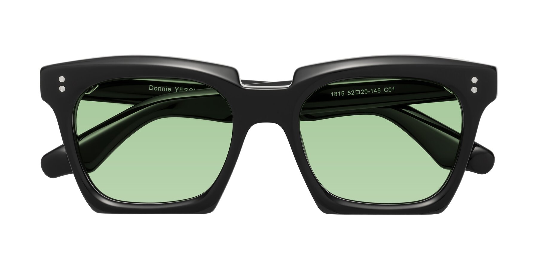 Folded Front of Donnie in Black with Medium Green Tinted Lenses