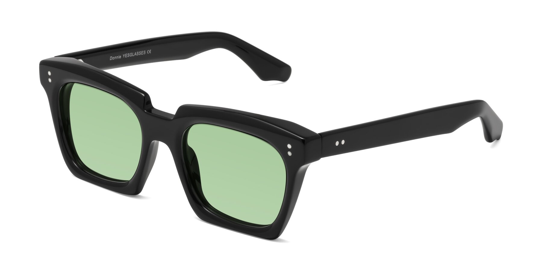 Angle of Donnie in Black with Medium Green Tinted Lenses