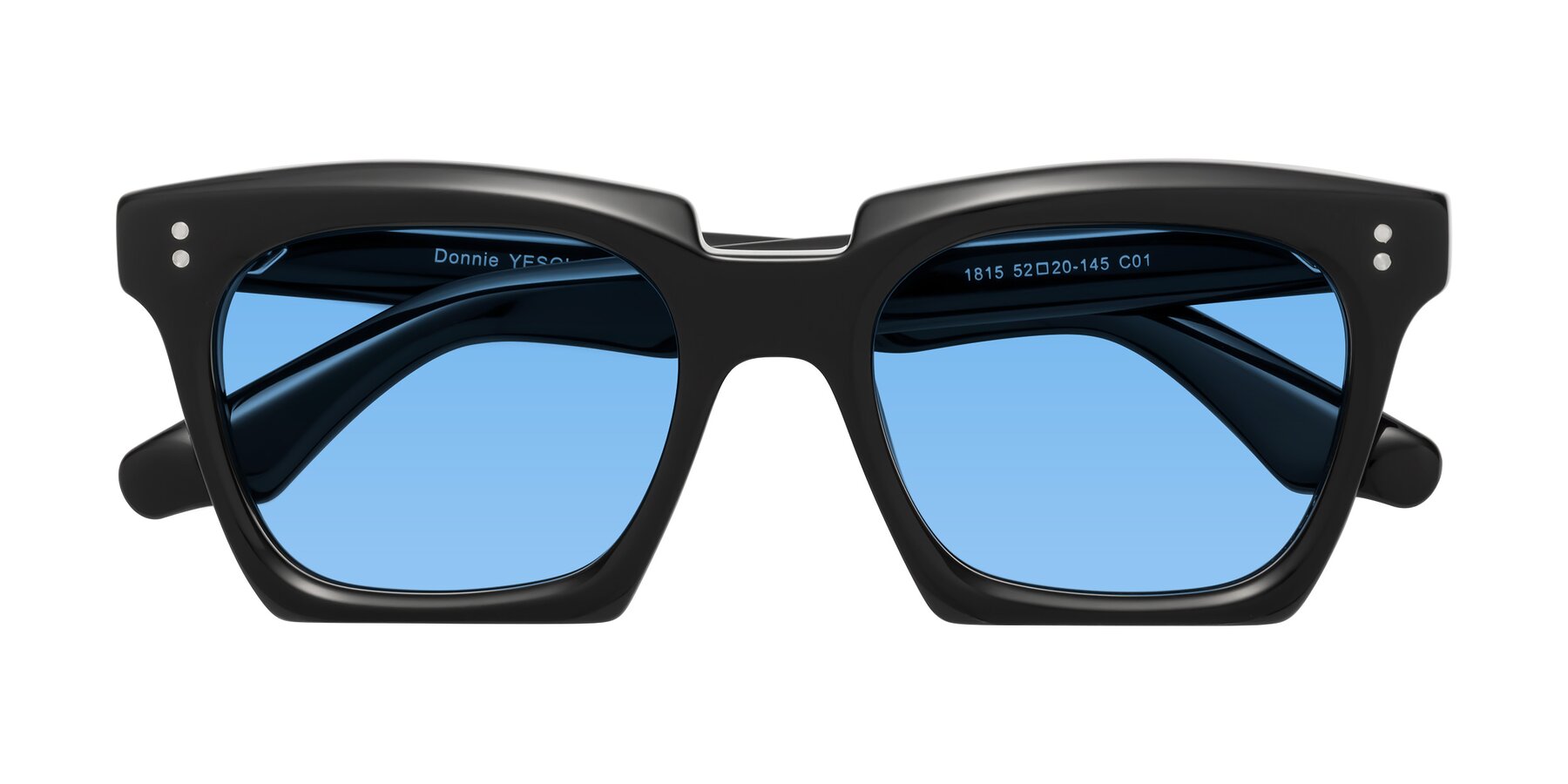 Folded Front of Donnie in Black with Medium Blue Tinted Lenses