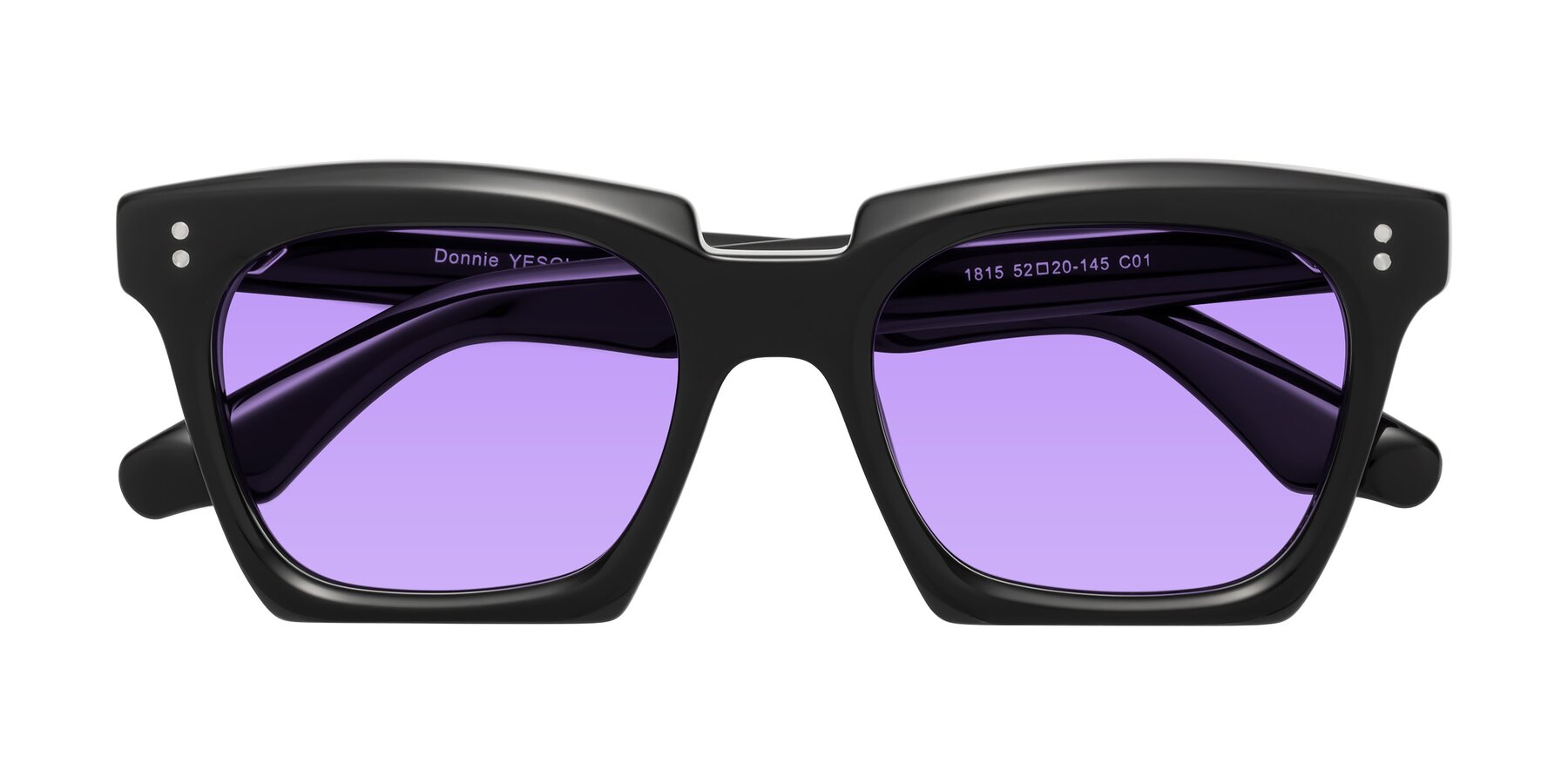 Folded Front of Donnie in Black with Medium Purple Tinted Lenses
