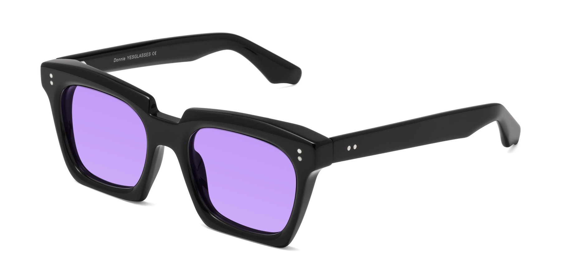 Angle of Donnie in Black with Medium Purple Tinted Lenses