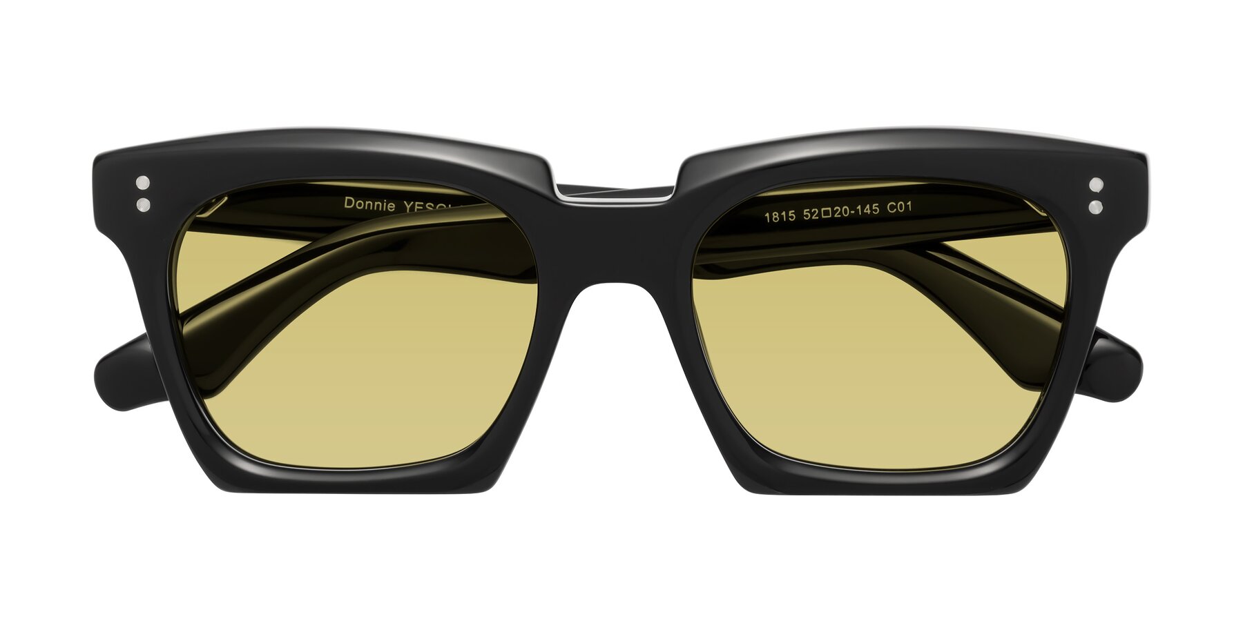 Folded Front of Donnie in Black with Medium Champagne Tinted Lenses