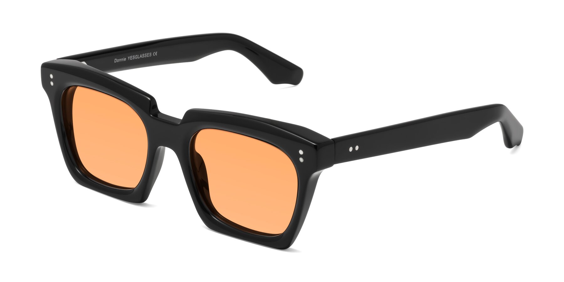 Angle of Donnie in Black with Medium Orange Tinted Lenses