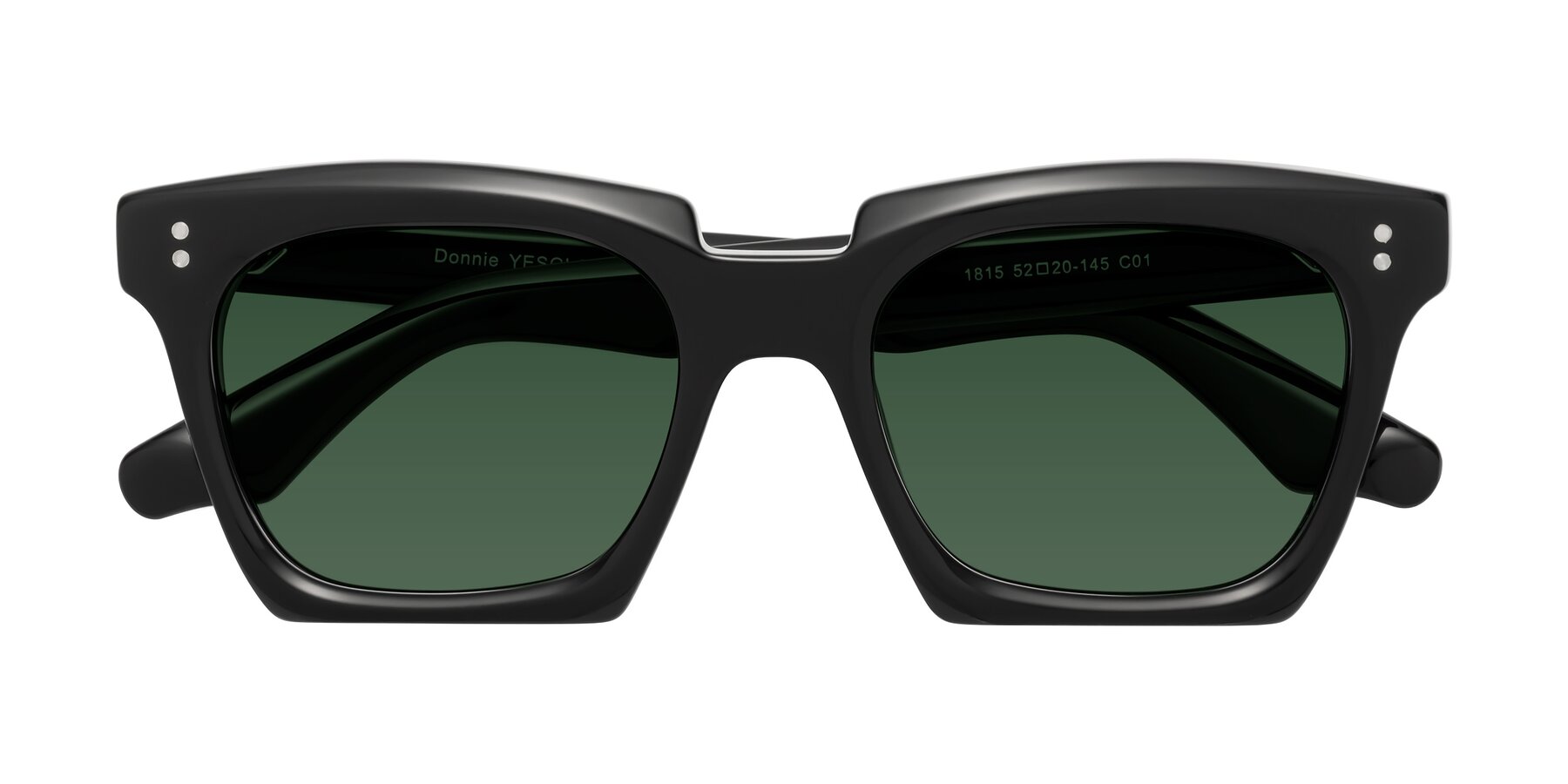Folded Front of Donnie in Black with Green Tinted Lenses