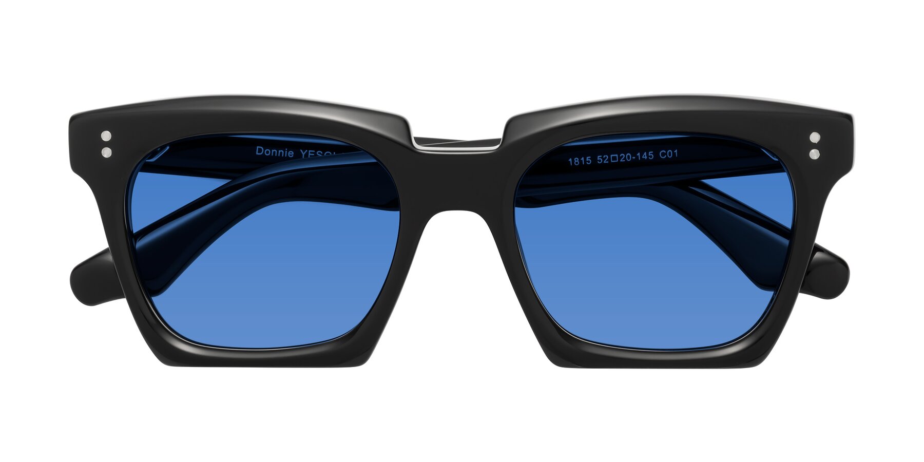 Folded Front of Donnie in Black with Blue Tinted Lenses